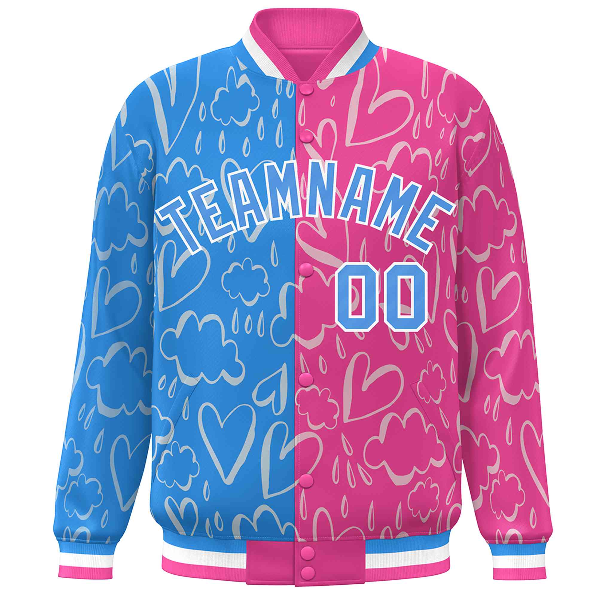 Custom Pink Powder Blue Split Fashion Letterman Bomber Graffiti Pattern Baseball Jacket