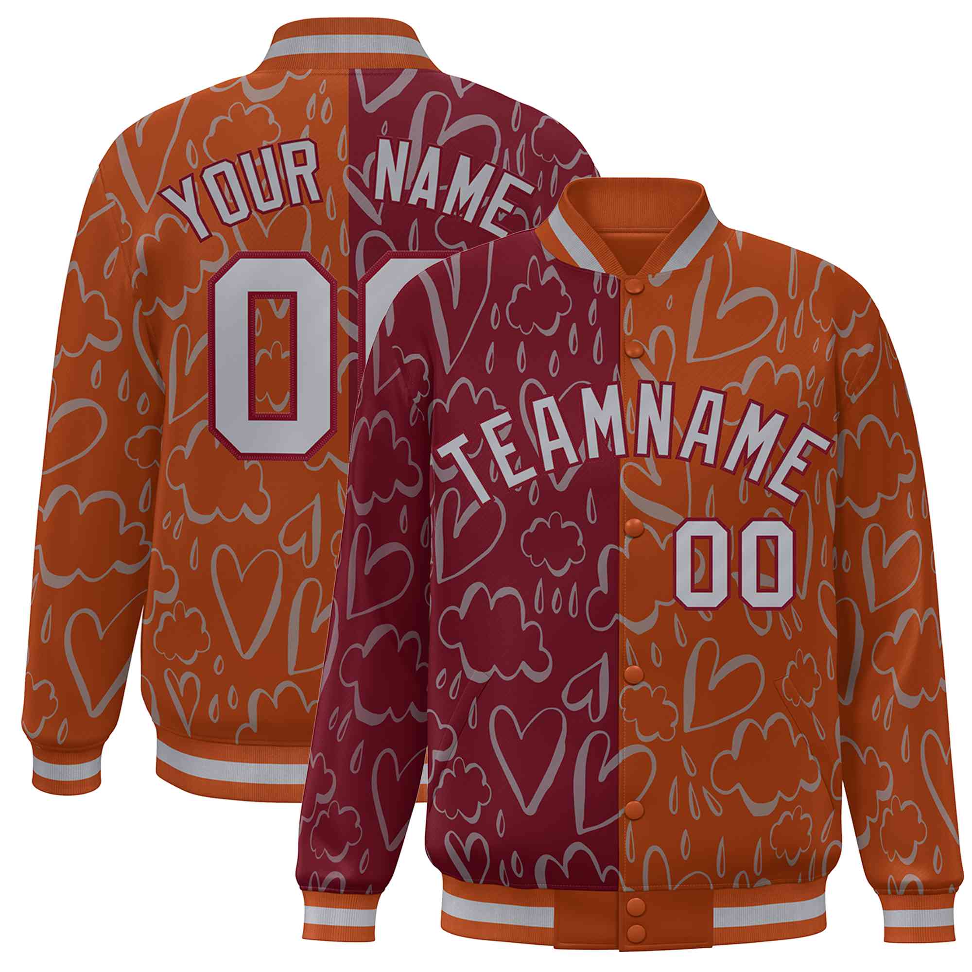 Custom Texas Orange Crimson-Gray Split Fashion Letterman Bomber Graffiti Pattern Baseball Jacket