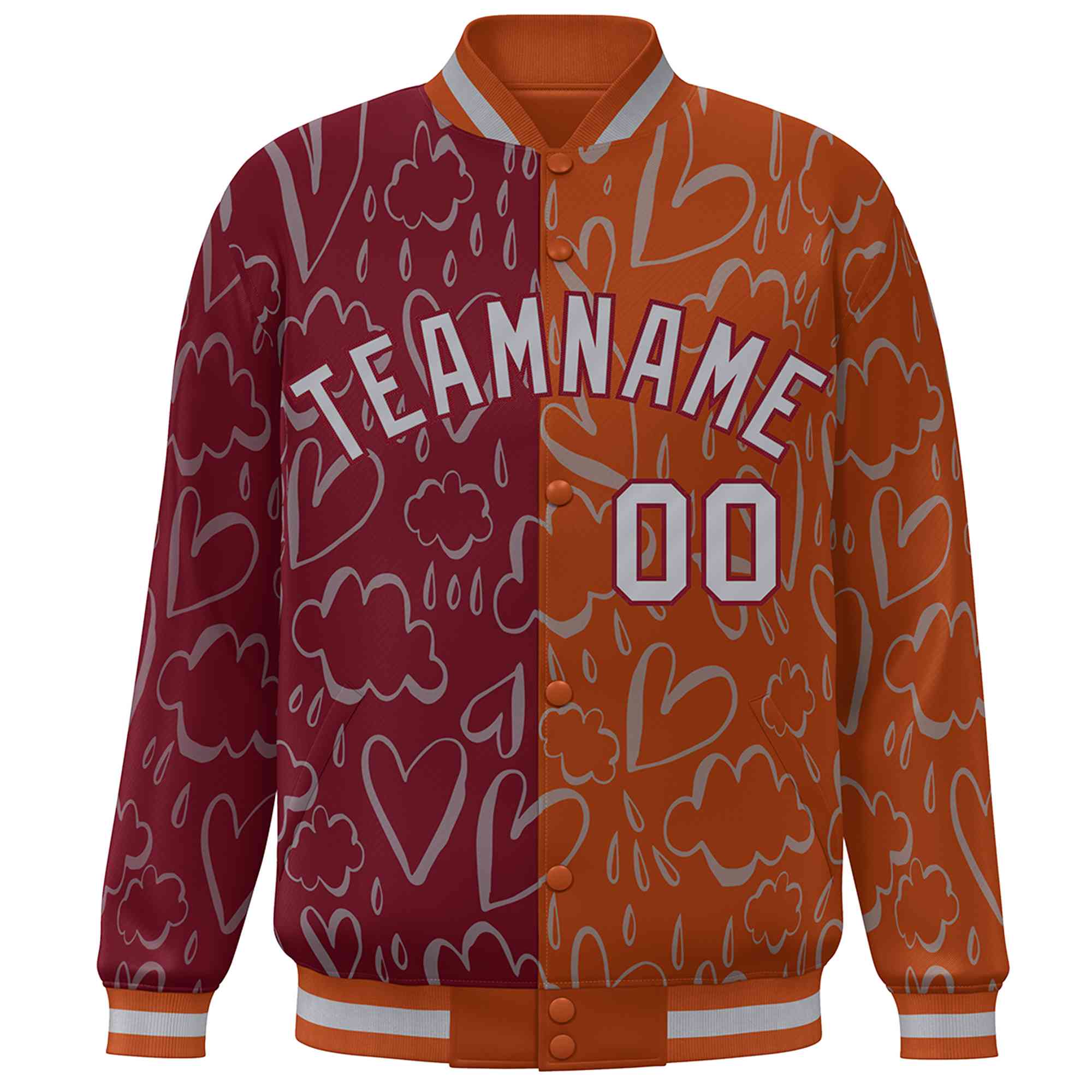 Custom Texas Orange Crimson-Gray Split Fashion Letterman Bomber Graffiti Pattern Baseball Jacket