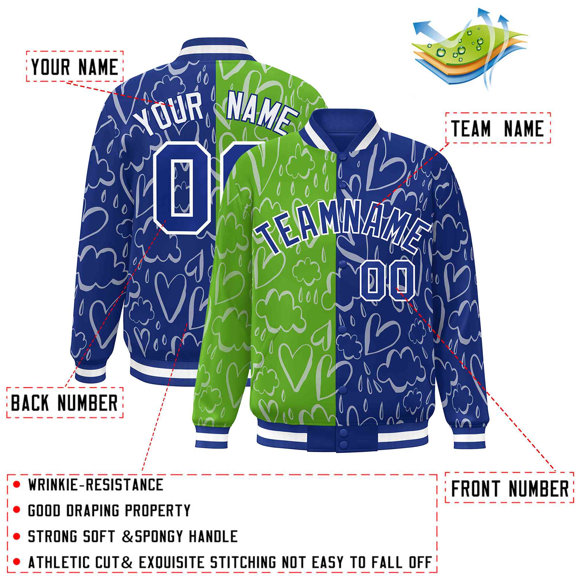 Custom Green Royal-White Split Fashion Letterman Bomber Graffiti Pattern Baseball Jacket