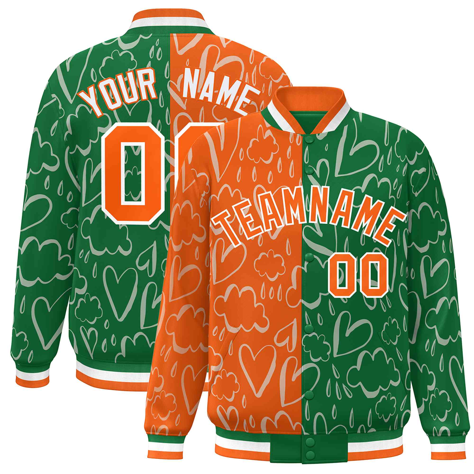 Custom Kelly Green Orange Split Fashion Letterman Bomber Graffiti Pattern Baseball Jacket