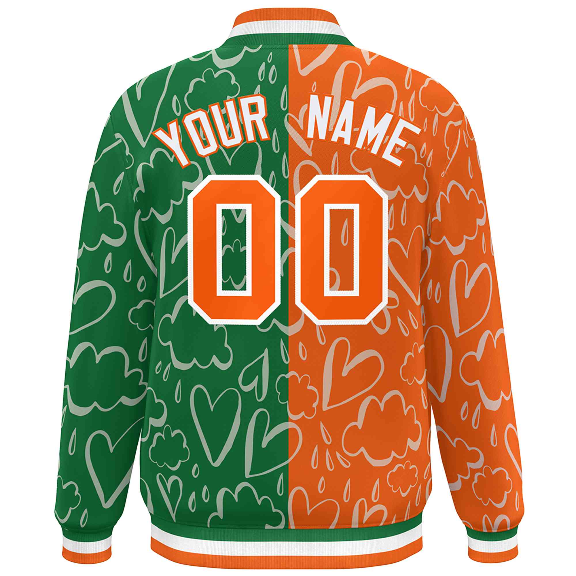 Custom Kelly Green Orange Split Fashion Letterman Bomber Graffiti Pattern Baseball Jacket