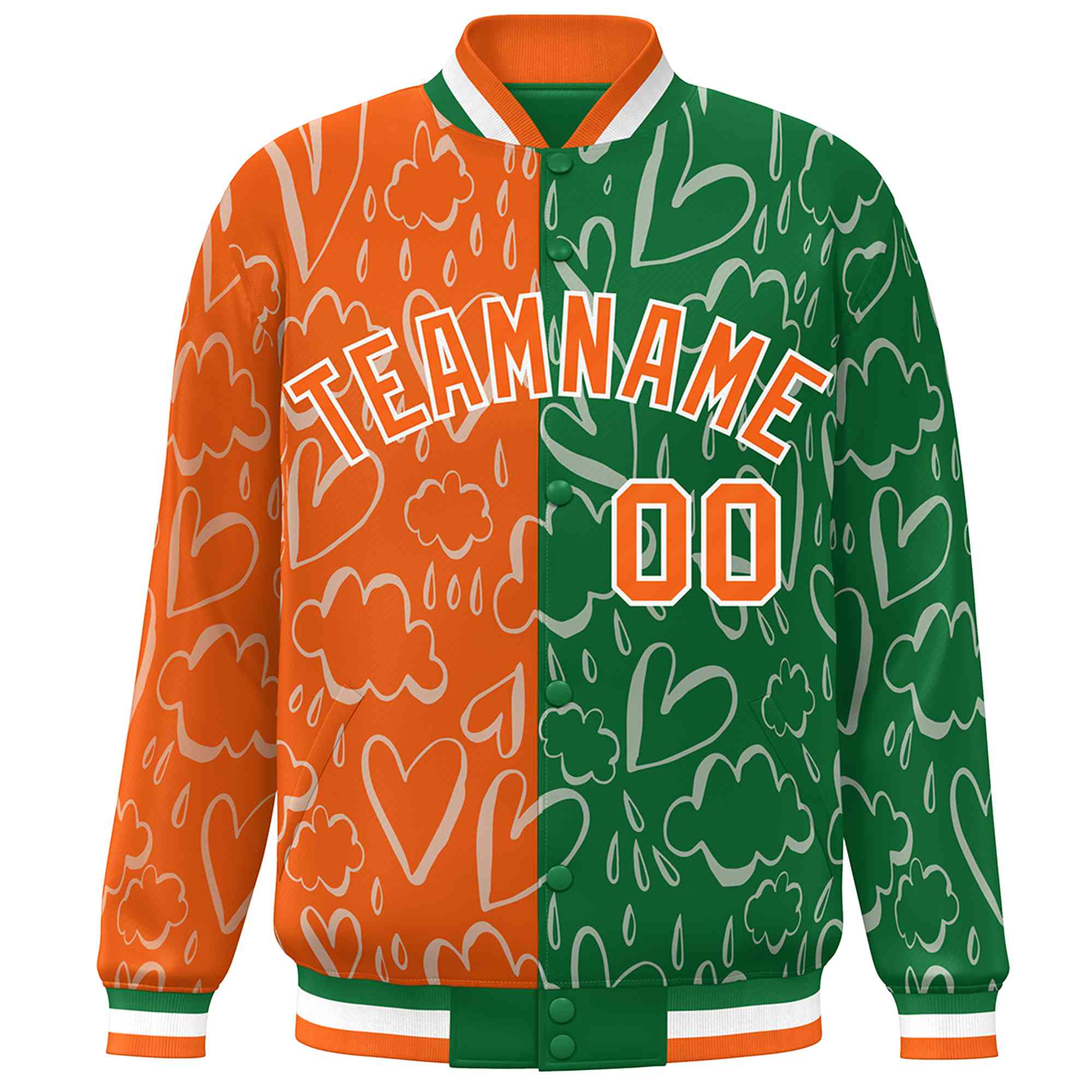 Custom Kelly Green Orange Split Fashion Letterman Bomber Graffiti Pattern Baseball Jacket