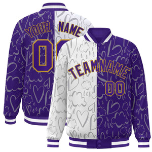 Custom Purple White Split Fashion Letterman Bomber Graffiti Pattern Baseball Jacket