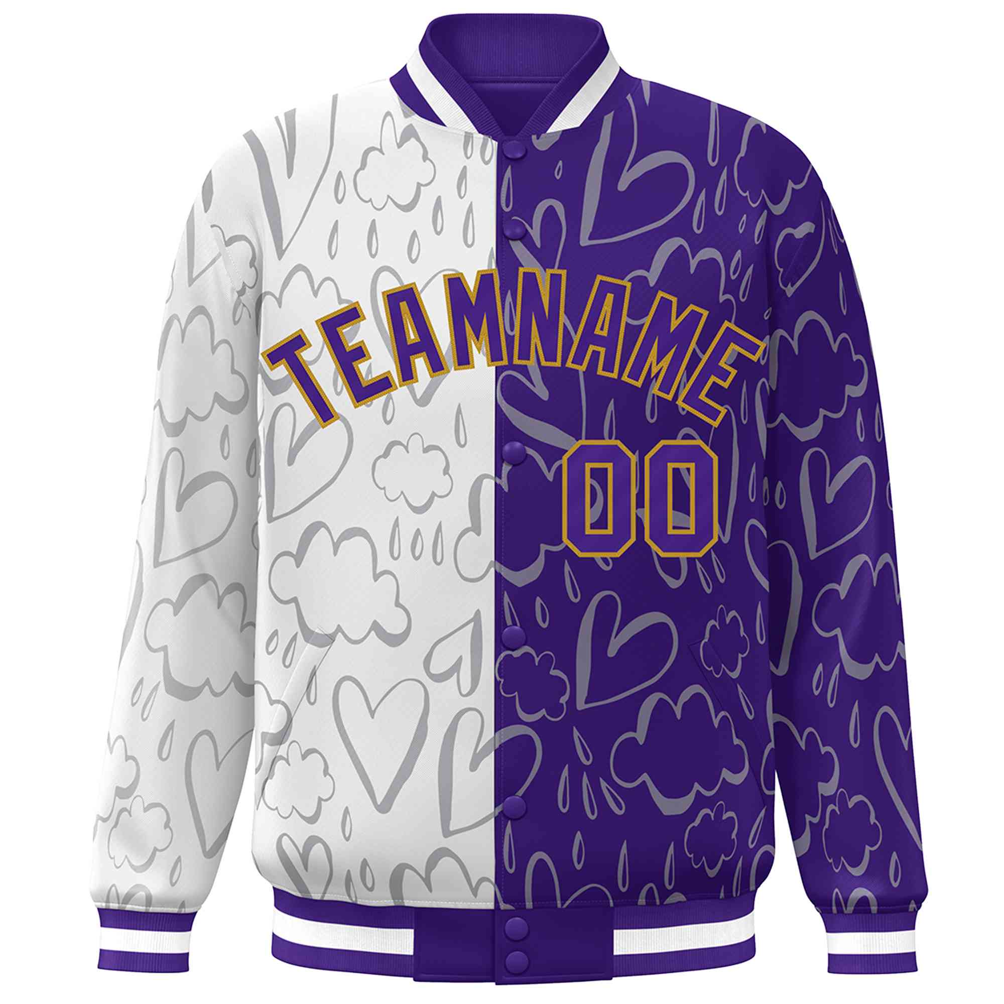 Custom Purple White Split Fashion Letterman Bomber Graffiti Pattern Baseball Jacket