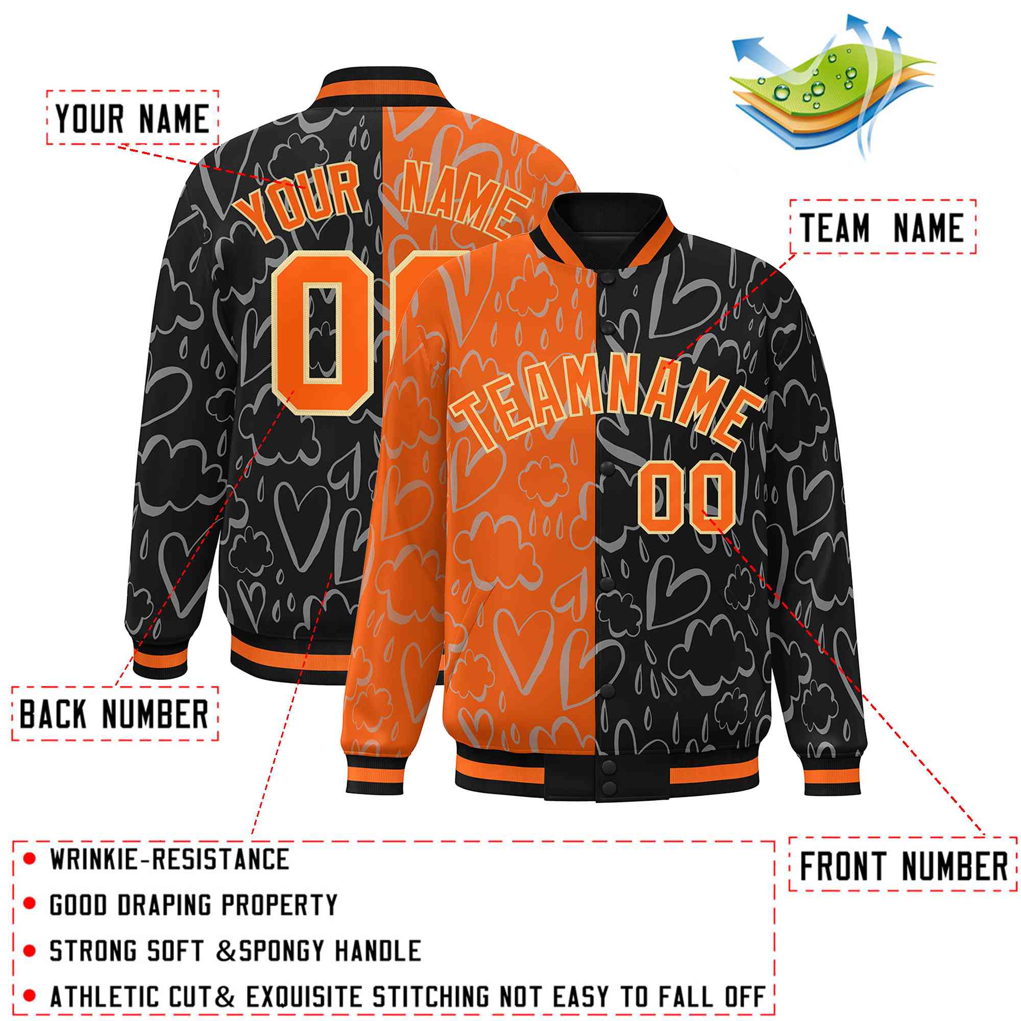 Custom Black Orange Split Fashion Letterman Bomber Graffiti Pattern Baseball Jacket