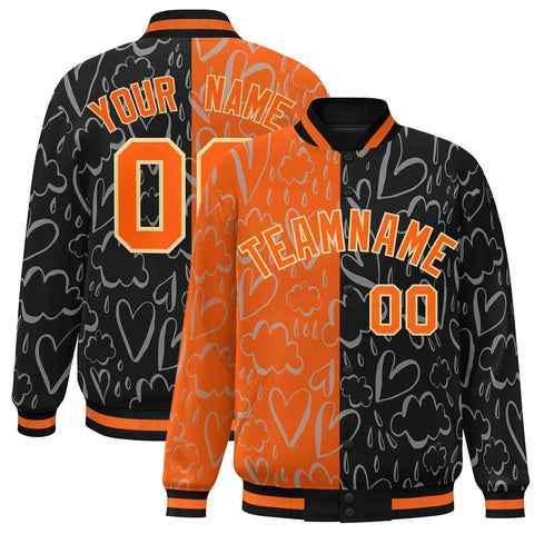 Custom Black Orange Split Fashion Letterman Bomber Graffiti Pattern Baseball Jacket