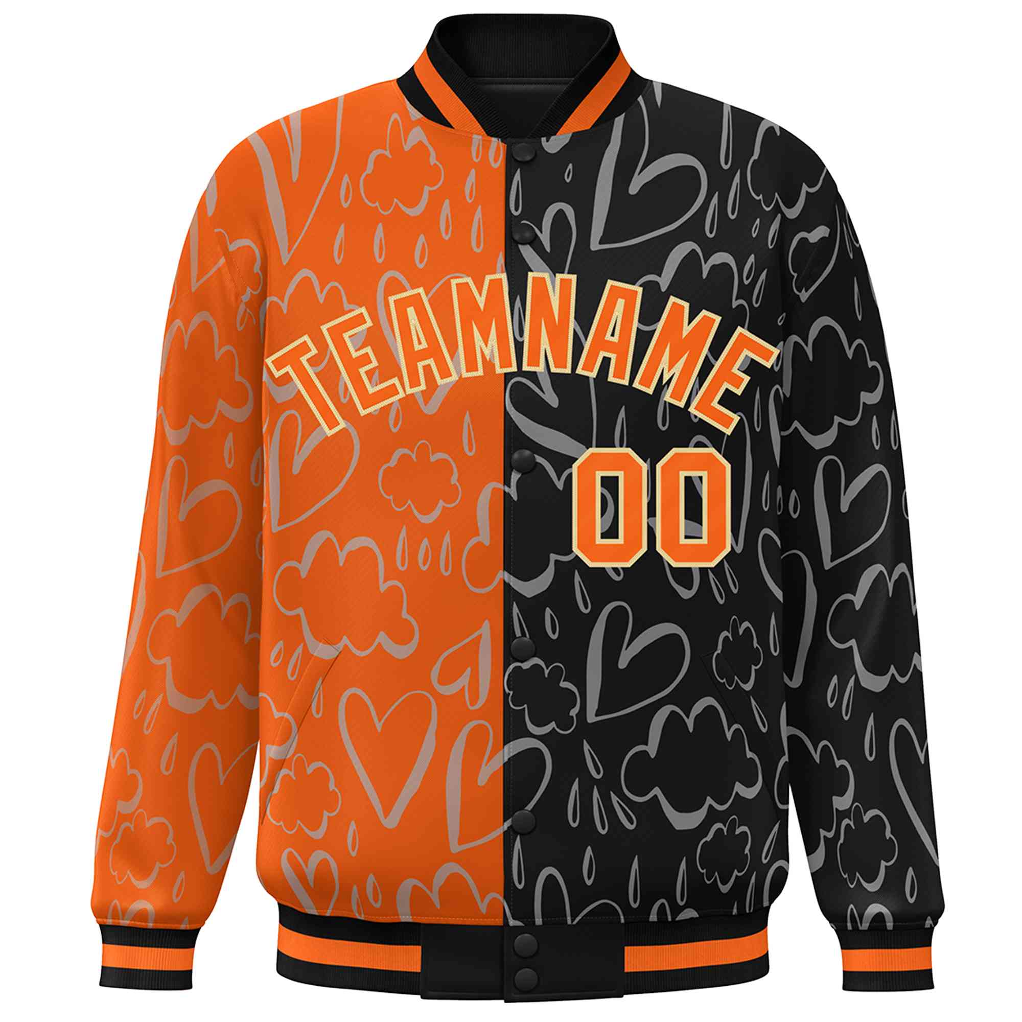 Custom Black Orange Split Fashion Letterman Bomber Graffiti Pattern Baseball Jacket