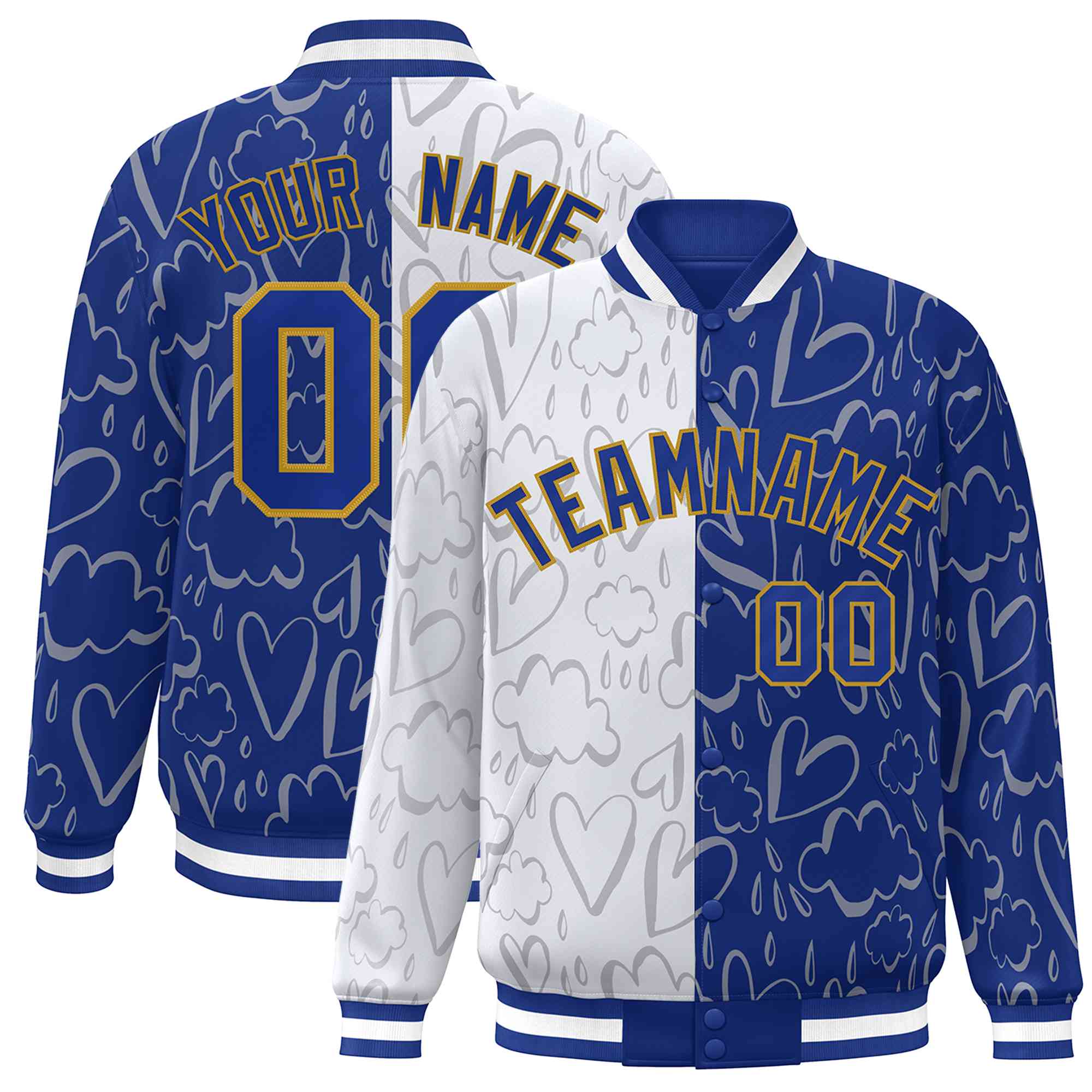 Custom Royal White Split Fashion Letterman Bomber Graffiti Pattern Baseball Jacket