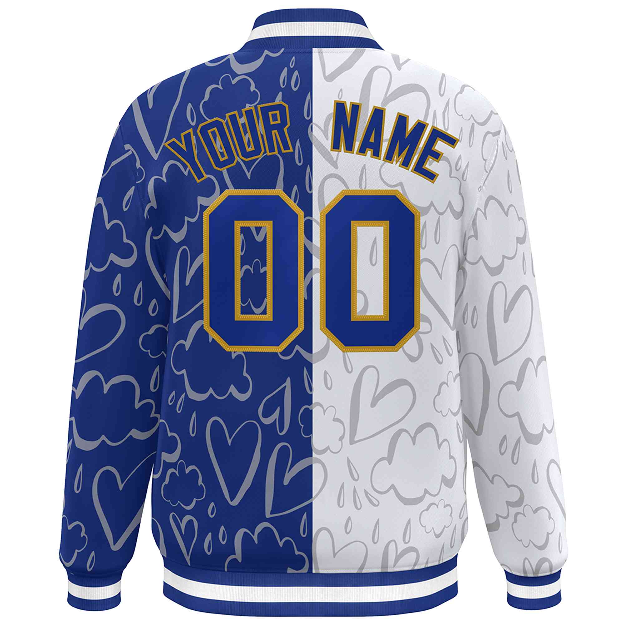 Custom Royal White Split Fashion Letterman Bomber Graffiti Pattern Baseball Jacket