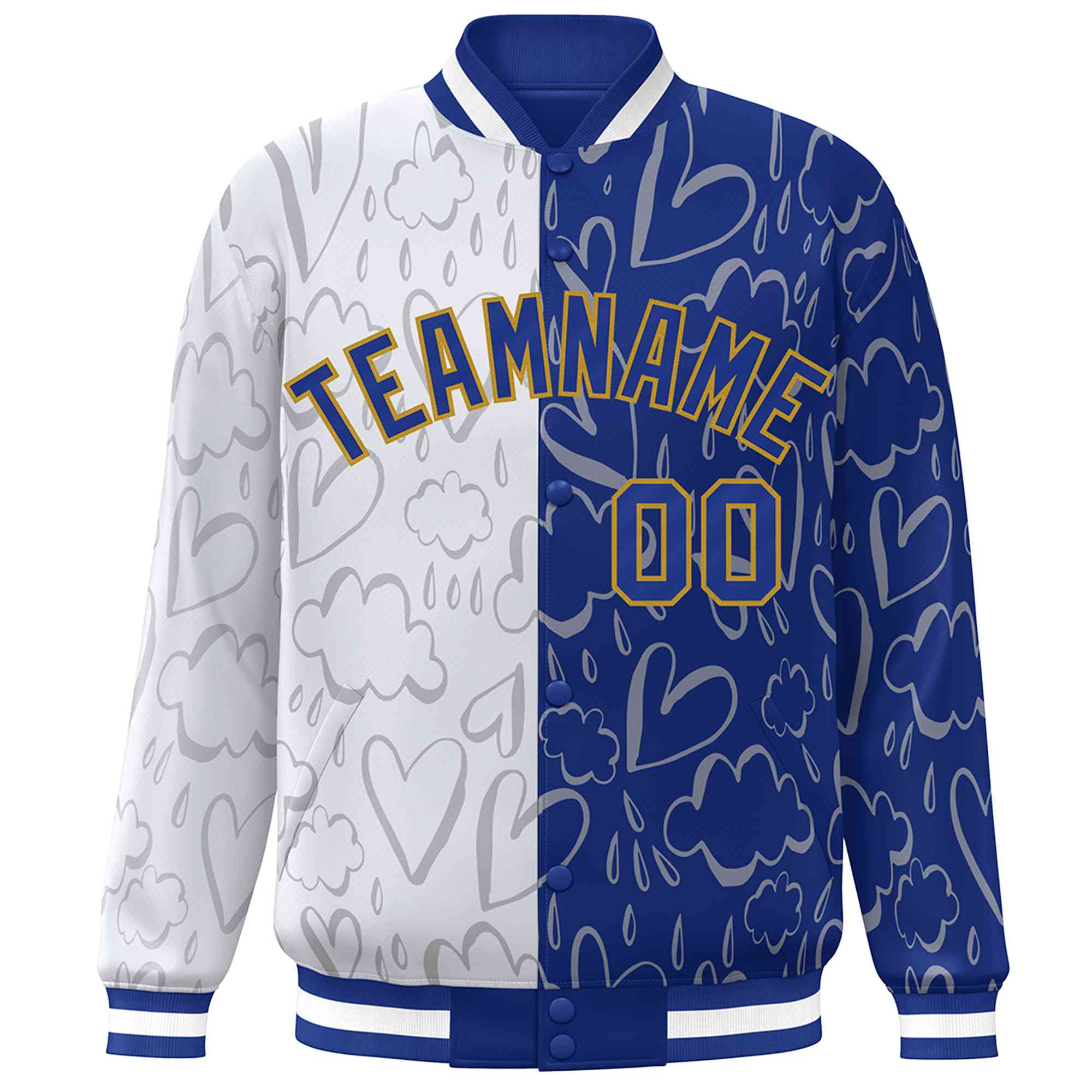 Custom Royal White Split Fashion Letterman Bomber Graffiti Pattern Baseball Jacket