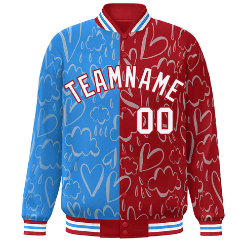 Custom Red Powder Blue-White Split Fashion Letterman Bomber Graffiti Pattern Baseball Jacket