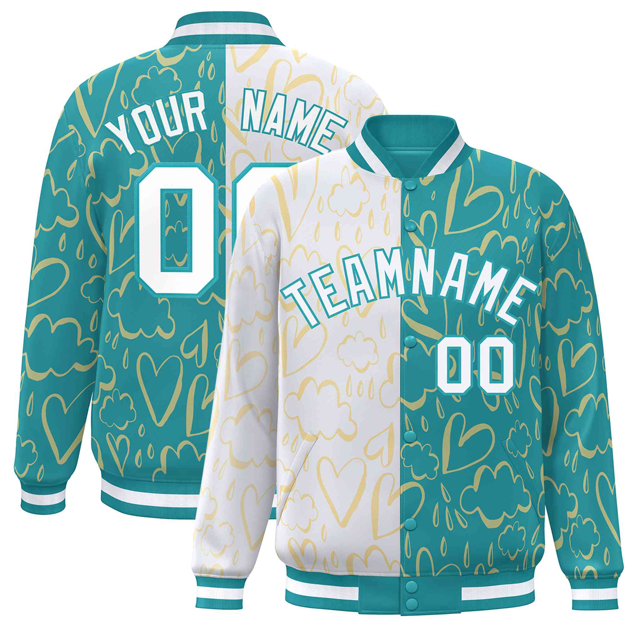 Custom Aqua White Split Fashion Letterman Bomber Graffiti Pattern Baseball Jacket