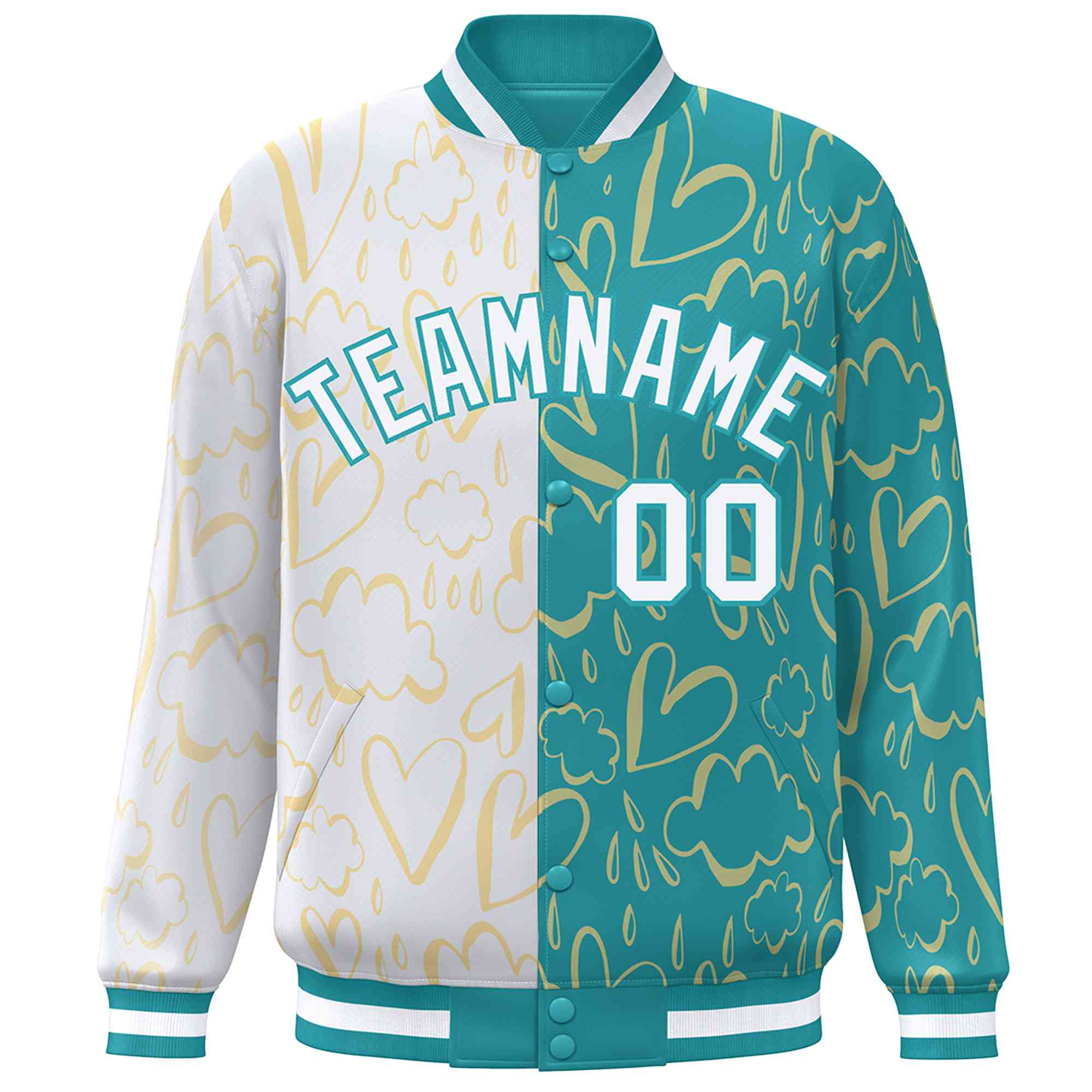 Custom Aqua White Split Fashion Letterman Bomber Graffiti Pattern Baseball Jacket