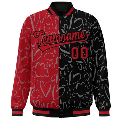 Custom Black Red Split Fashion Letterman Bomber Graffiti Pattern Baseball Jacket