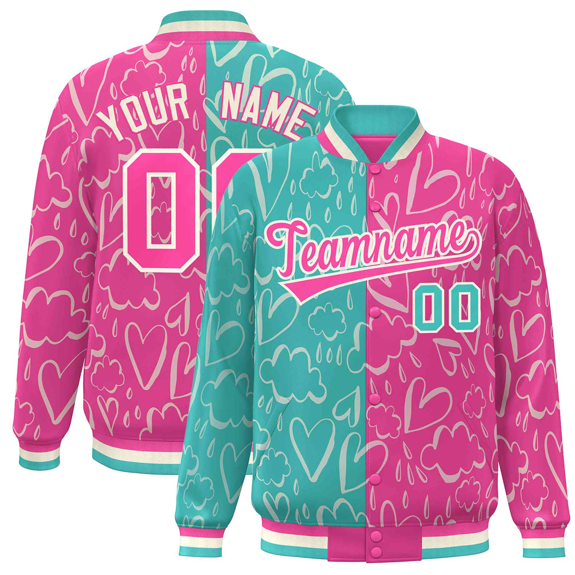 Custom Pink Aqua Split Fashion Letterman Bomber Graffiti Pattern Baseball Jacket