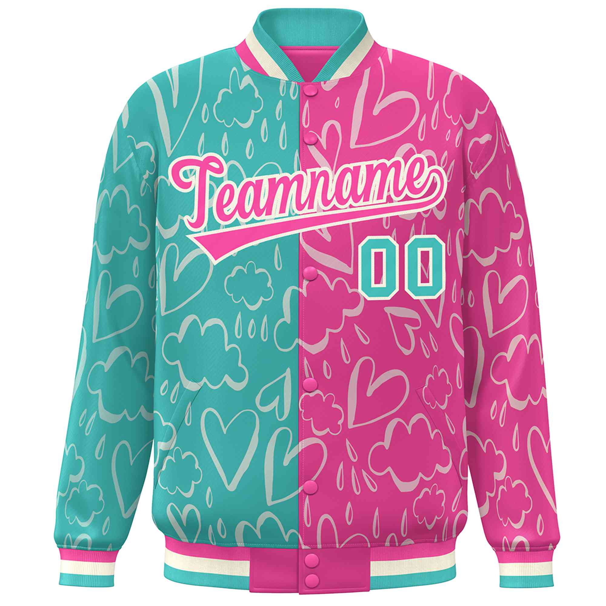 Custom Pink Aqua Split Fashion Letterman Bomber Graffiti Pattern Baseball Jacket