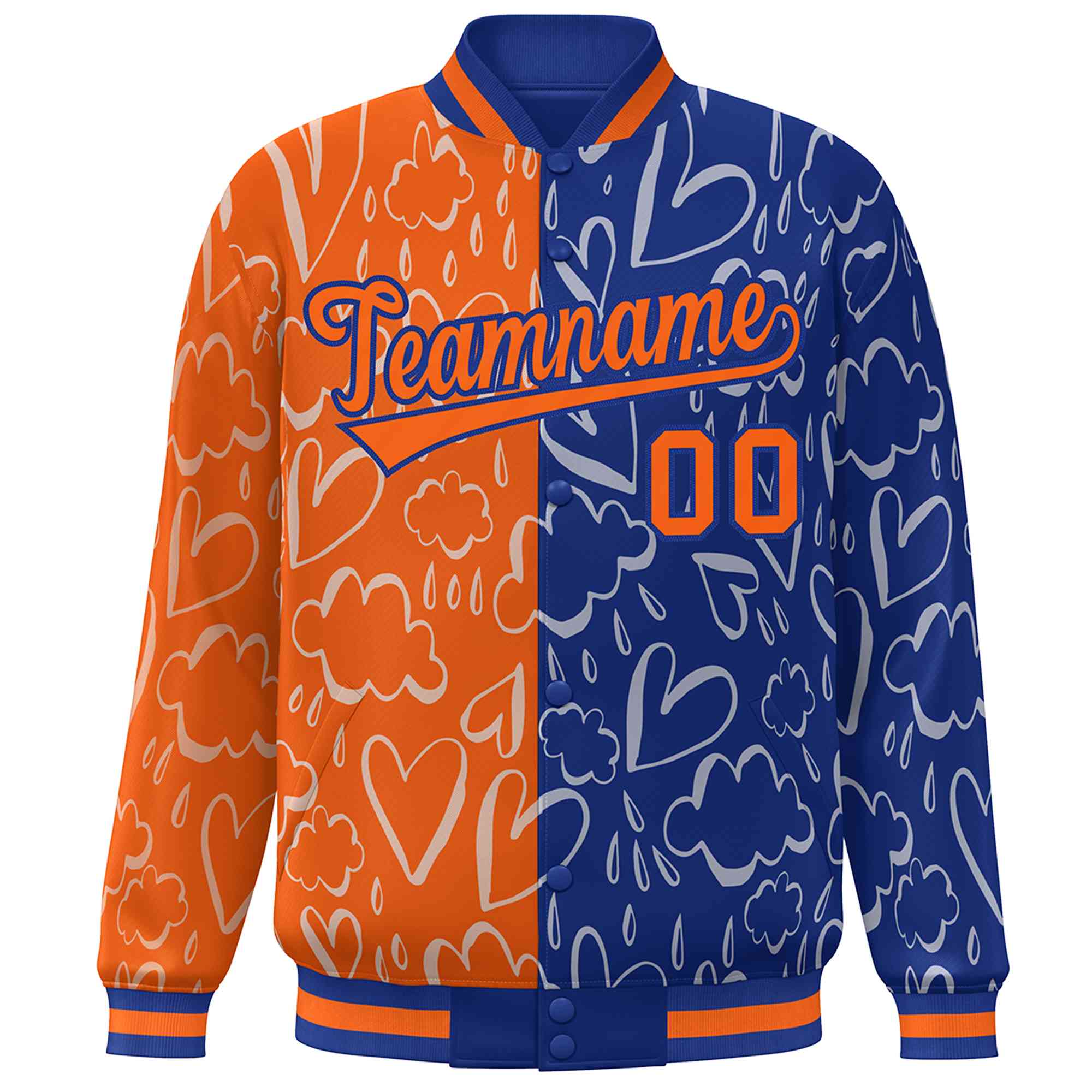 Custom Royal Orange Split Fashion Letterman Bomber Graffiti Pattern Baseball Jacket