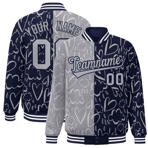 Custom Navy Gray Split Fashion Letterman Bomber Graffiti Pattern Baseball Jacket