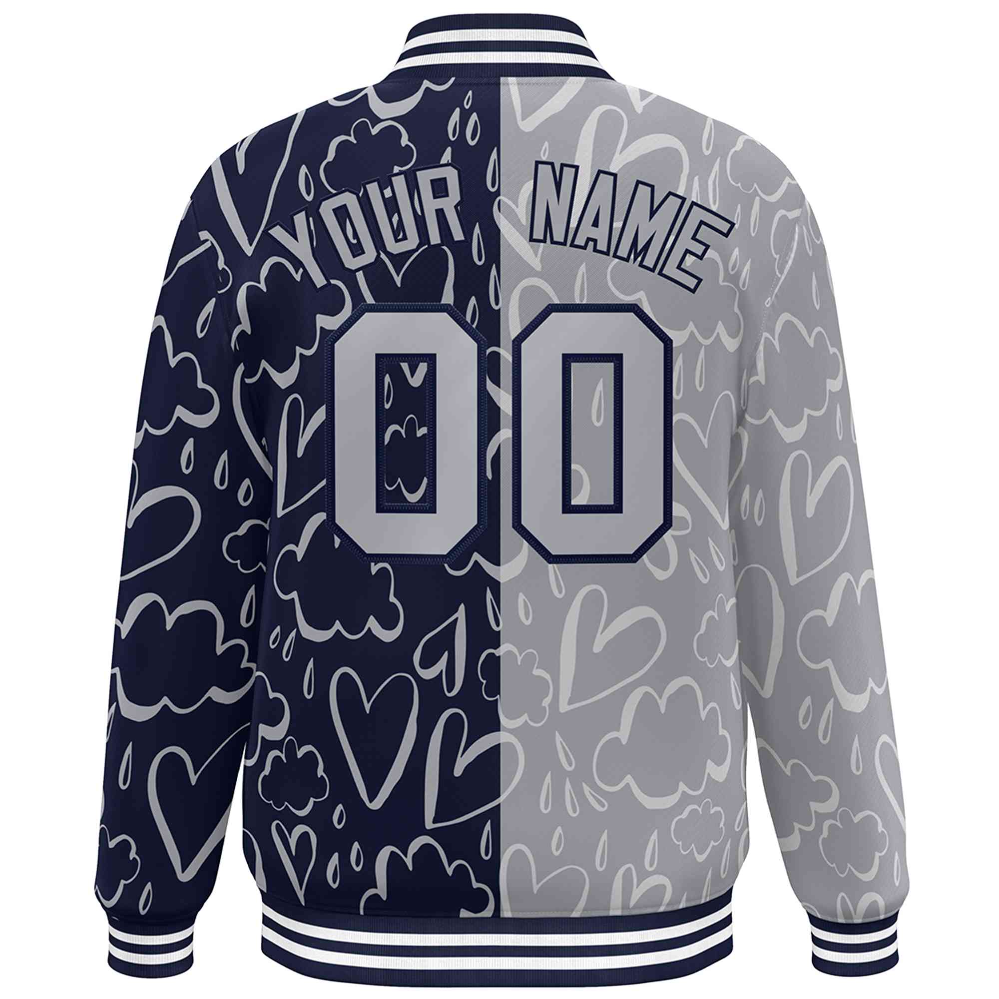 Custom Navy Gray Split Fashion Letterman Bomber Graffiti Pattern Baseball Jacket