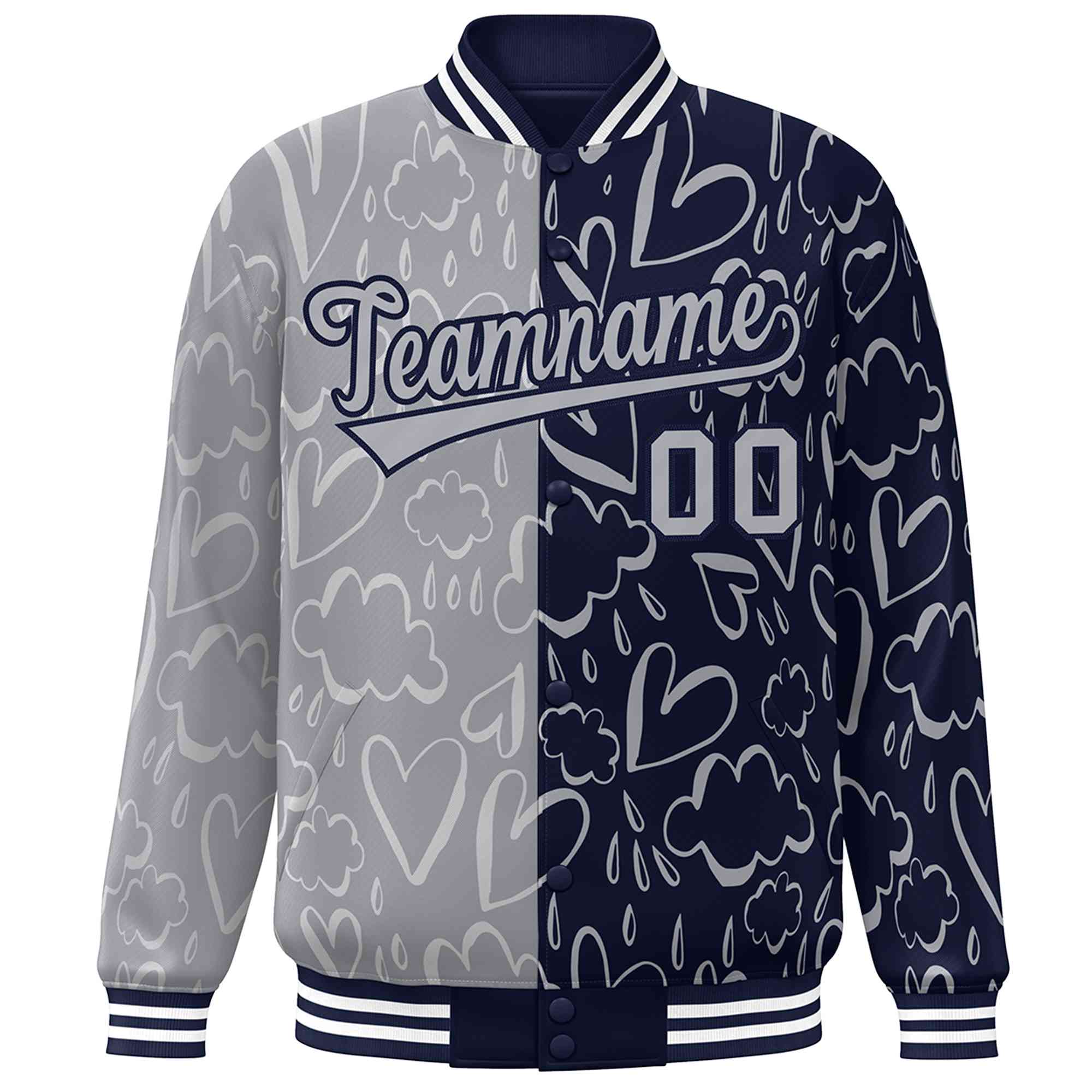 Custom Navy Gray Split Fashion Letterman Bomber Graffiti Pattern Baseball Jacket