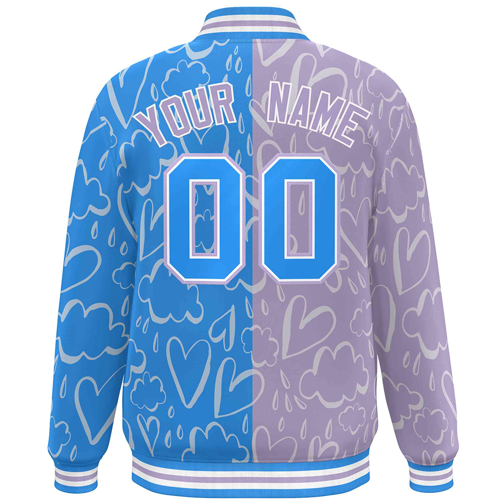 Custom Powder Blue Lt Purple Split Fashion Letterman Bomber Graffiti Pattern Baseball Jacket