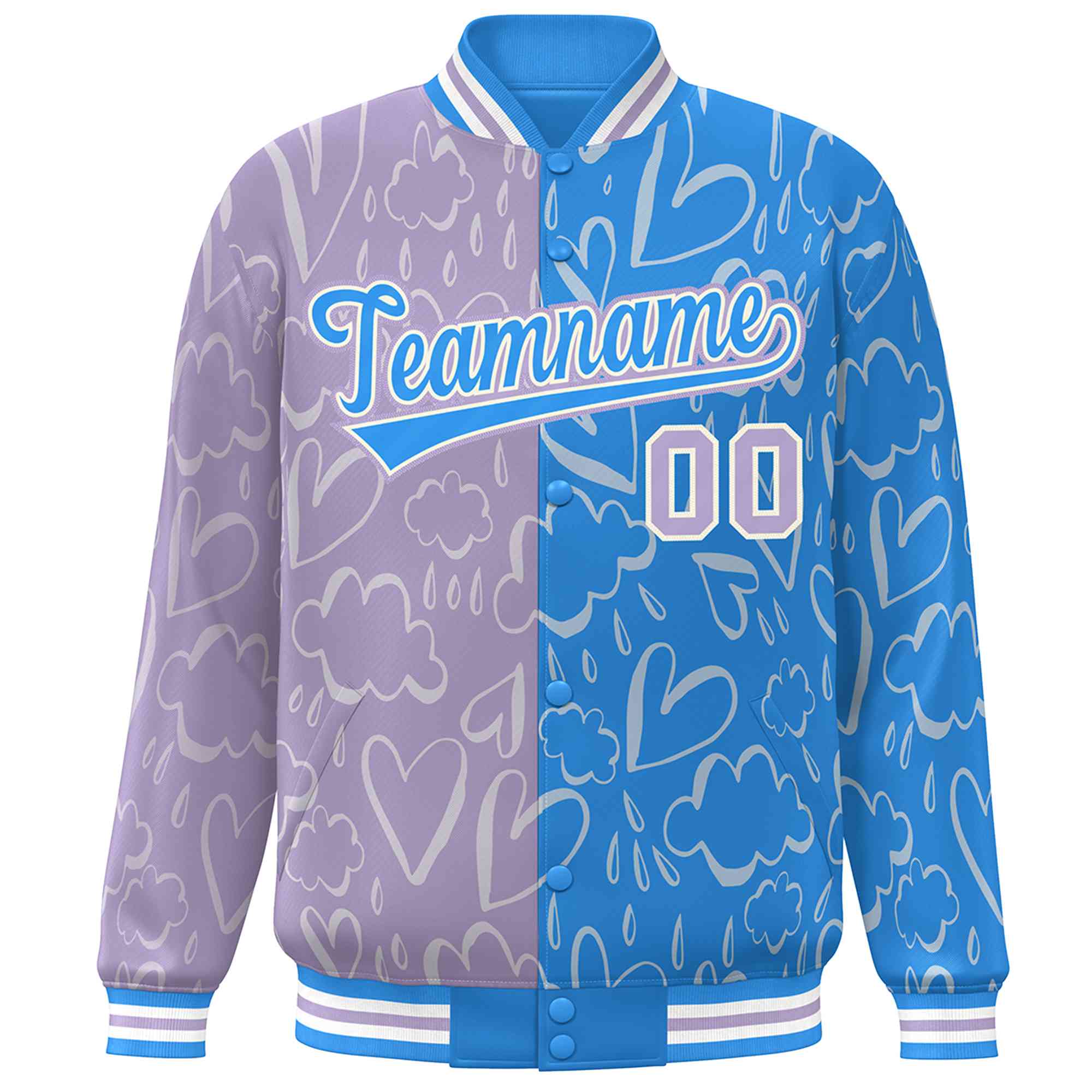 Custom Powder Blue Lt Purple Split Fashion Letterman Bomber Graffiti Pattern Baseball Jacket