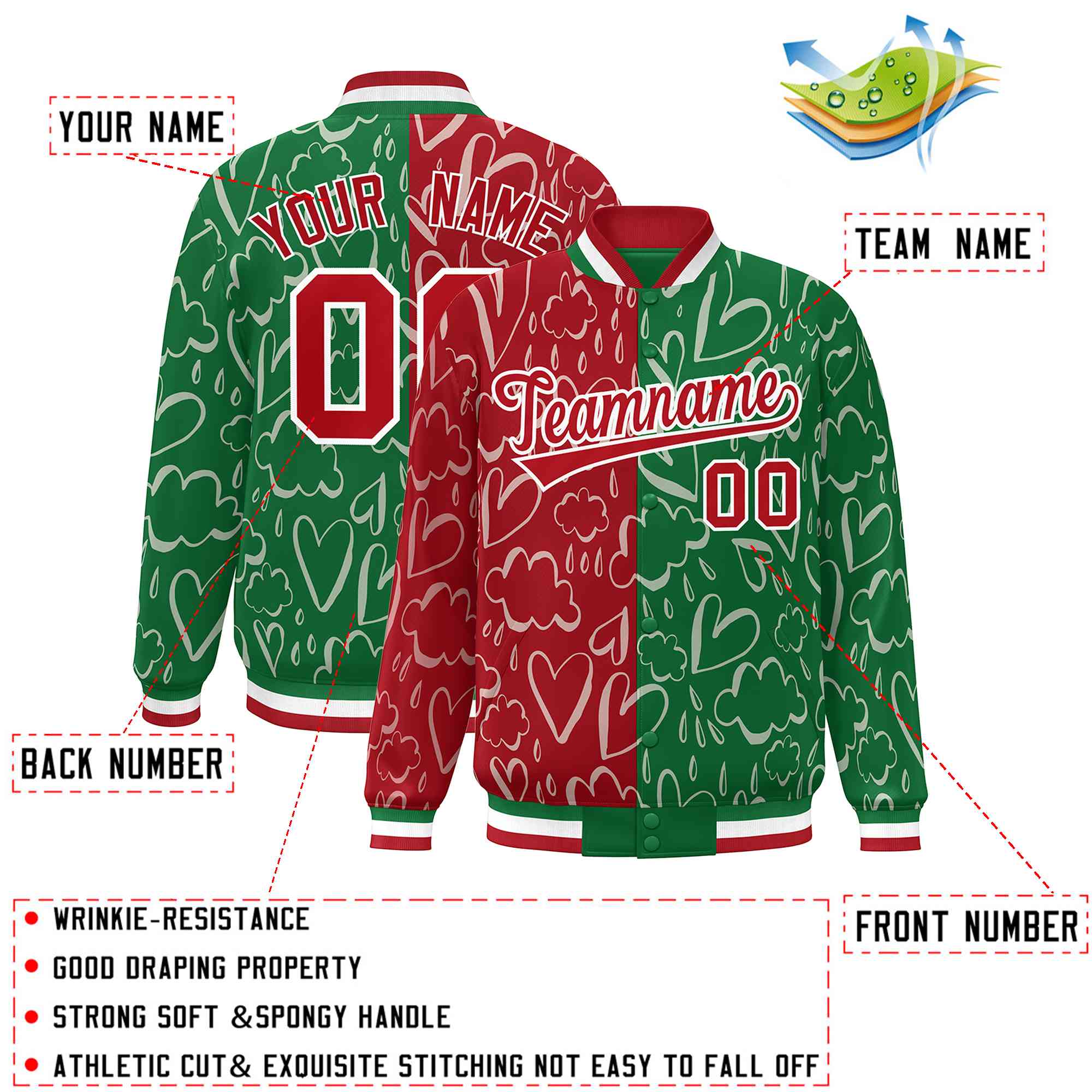 Custom Kelly Green Red Split Fashion Letterman Bomber Graffiti Pattern Baseball Jacket