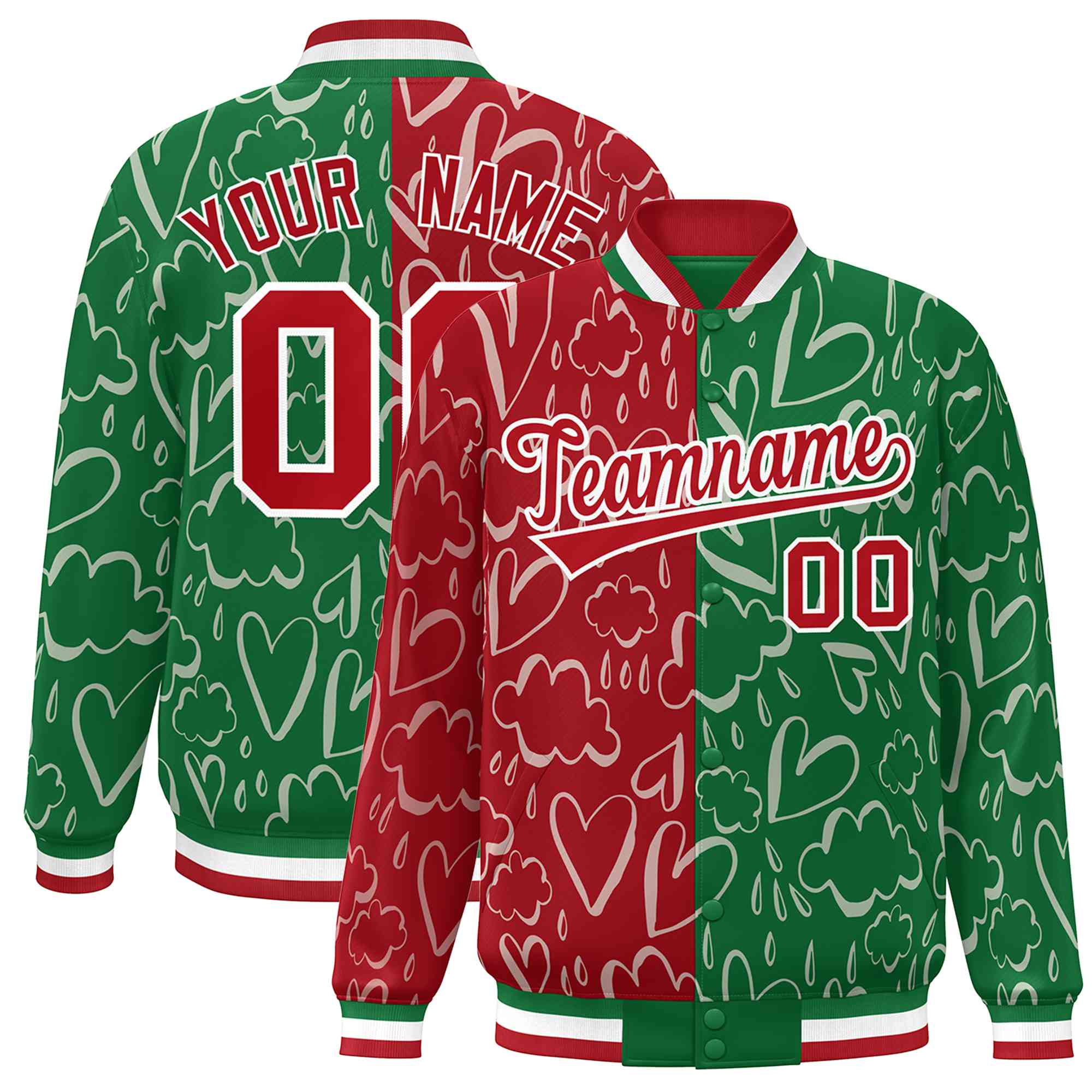 Custom Kelly Green Red Split Fashion Letterman Bomber Graffiti Pattern Baseball Jacket