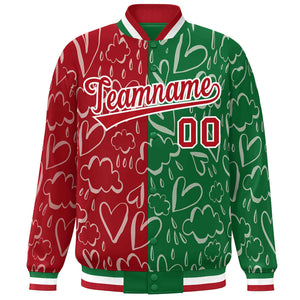 Custom Kelly Green Red Split Fashion Letterman Bomber Graffiti Pattern Baseball Jacket