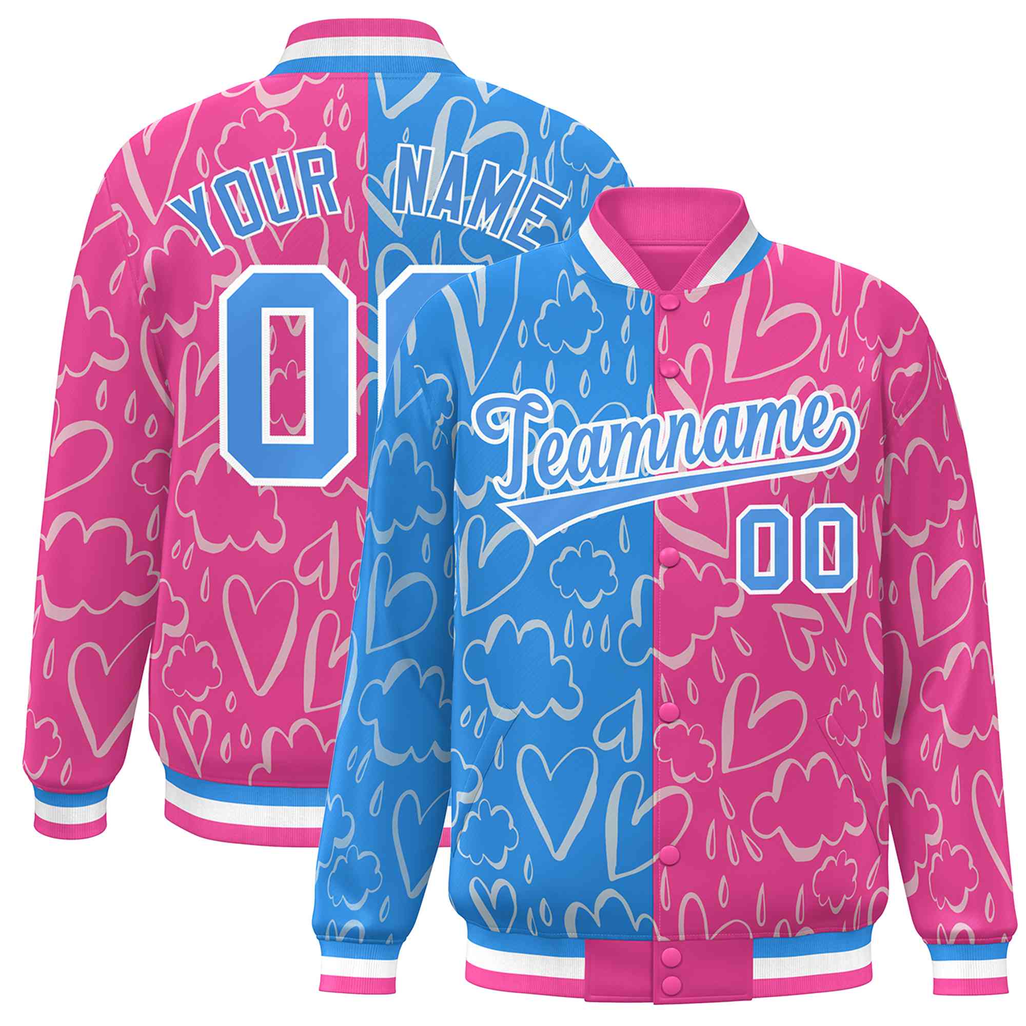 Custom Pink Powder Blue Split Fashion Letterman Bomber Graffiti Pattern Baseball Jacket