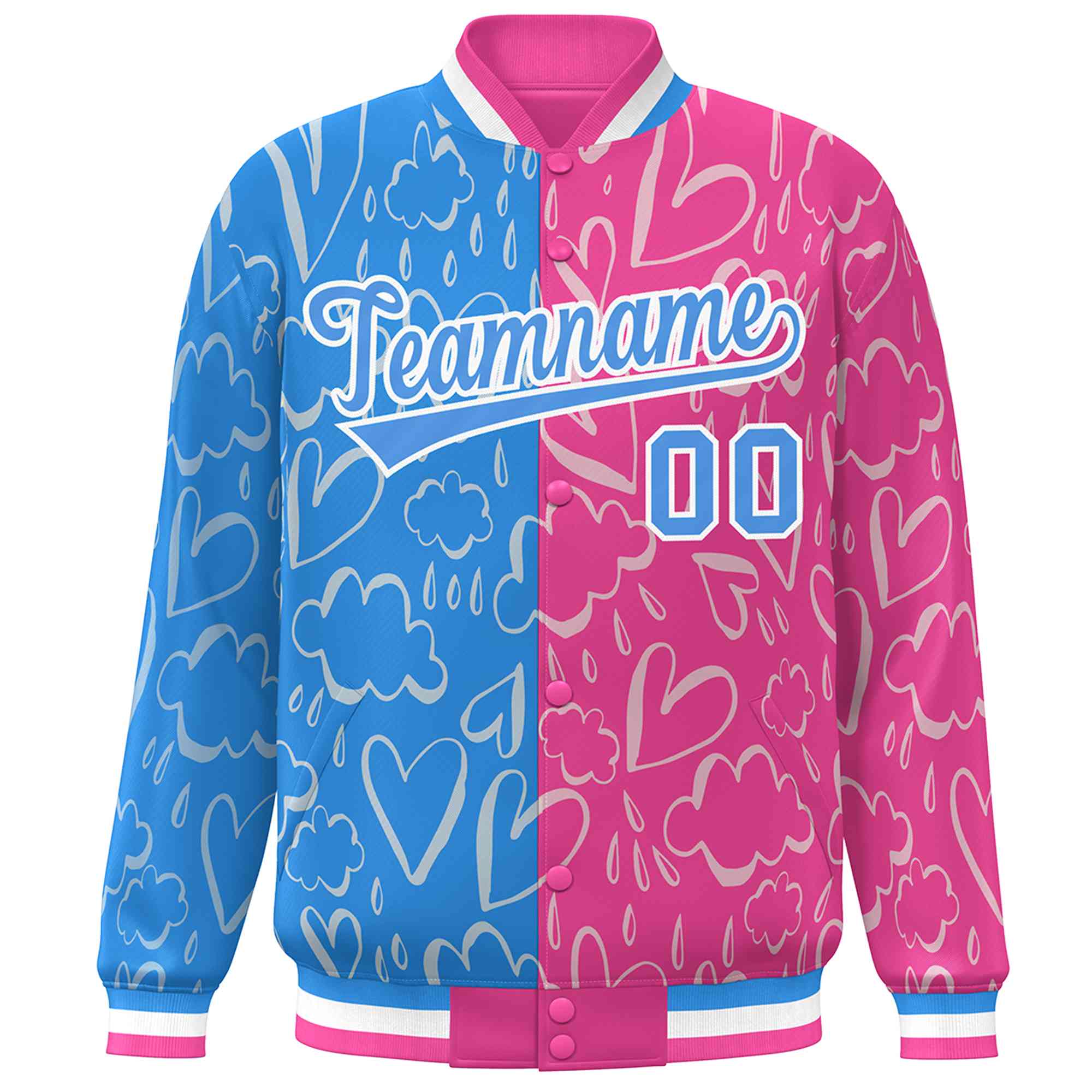 Custom Pink Powder Blue Split Fashion Letterman Bomber Graffiti Pattern Baseball Jacket