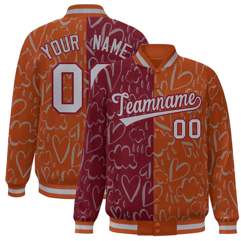 Custom Texas Orange Crimson-Gray Split Fashion Letterman Bomber Graffiti Pattern Baseball Jacket