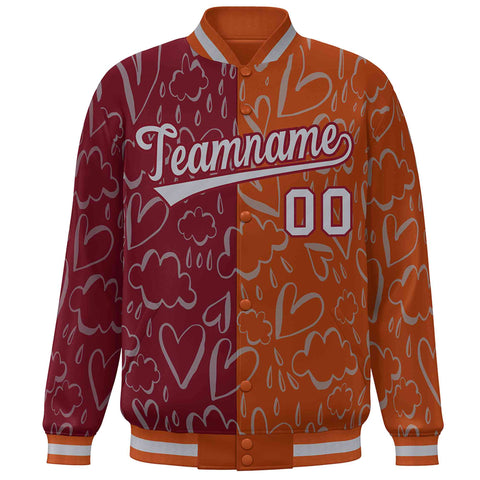 Custom Texas Orange Crimson-Gray Split Fashion Letterman Bomber Graffiti Pattern Baseball Jacket