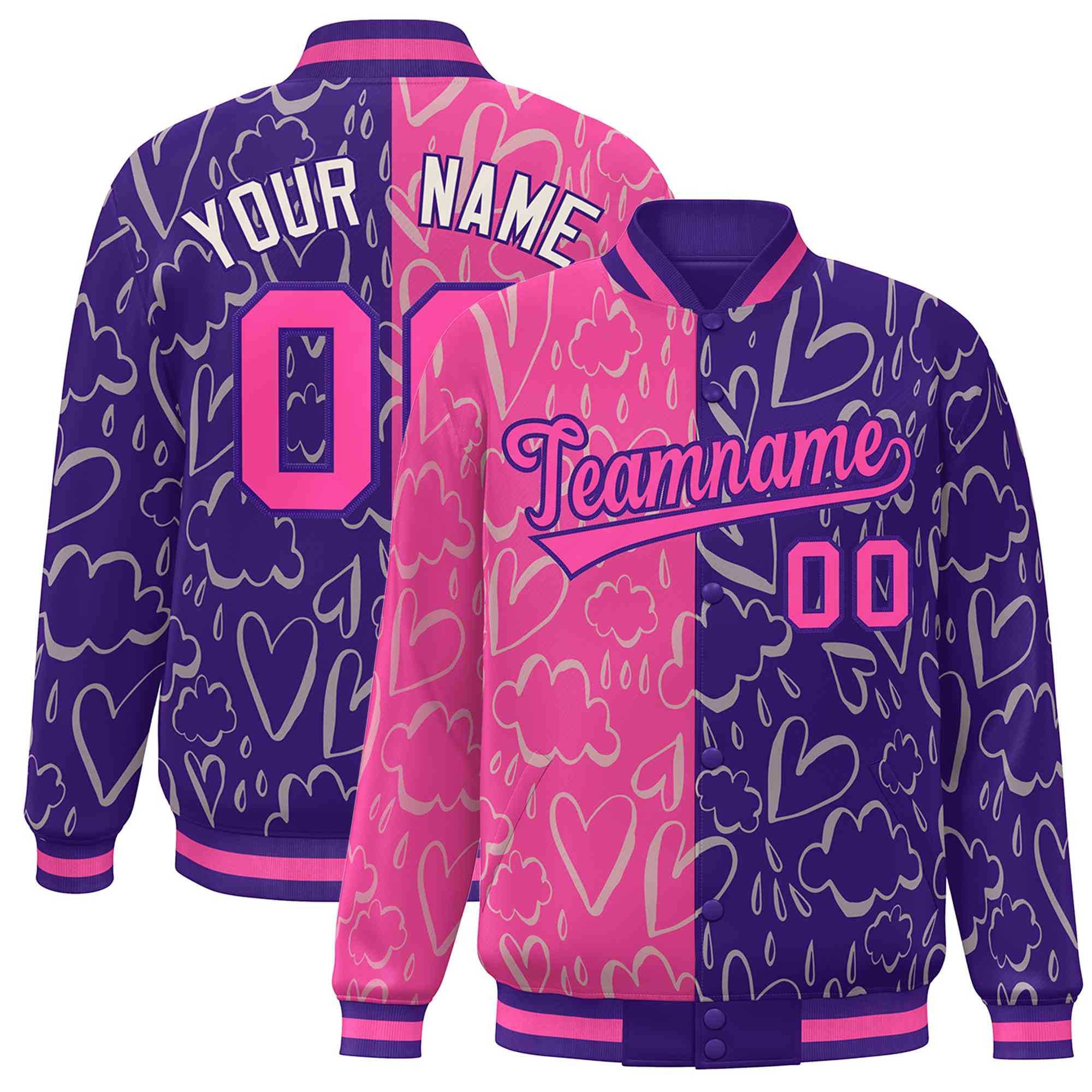 Custom Purple Pink Split Fashion Letterman Bomber Graffiti Pattern Baseball Jacket