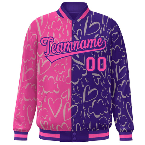 Custom Purple Pink Split Fashion Letterman Bomber Graffiti Pattern Baseball Jacket