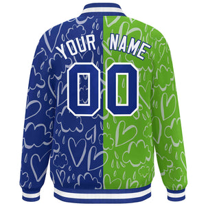 Custom Green Royal-White Split Fashion Letterman Bomber Graffiti Pattern Baseball Jacket