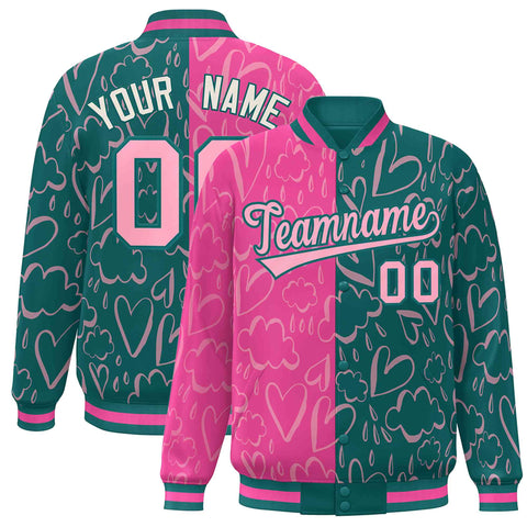 Custom Aqua Pink Split Fashion Letterman Bomber Graffiti Pattern Baseball Jacket