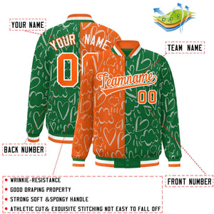 Custom Kelly Green Orange Split Fashion Letterman Bomber Graffiti Pattern Baseball Jacket