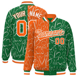 Custom Kelly Green Orange Split Fashion Letterman Bomber Graffiti Pattern Baseball Jacket