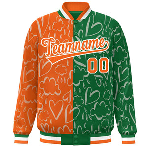 Custom Kelly Green Orange Split Fashion Letterman Bomber Graffiti Pattern Baseball Jacket