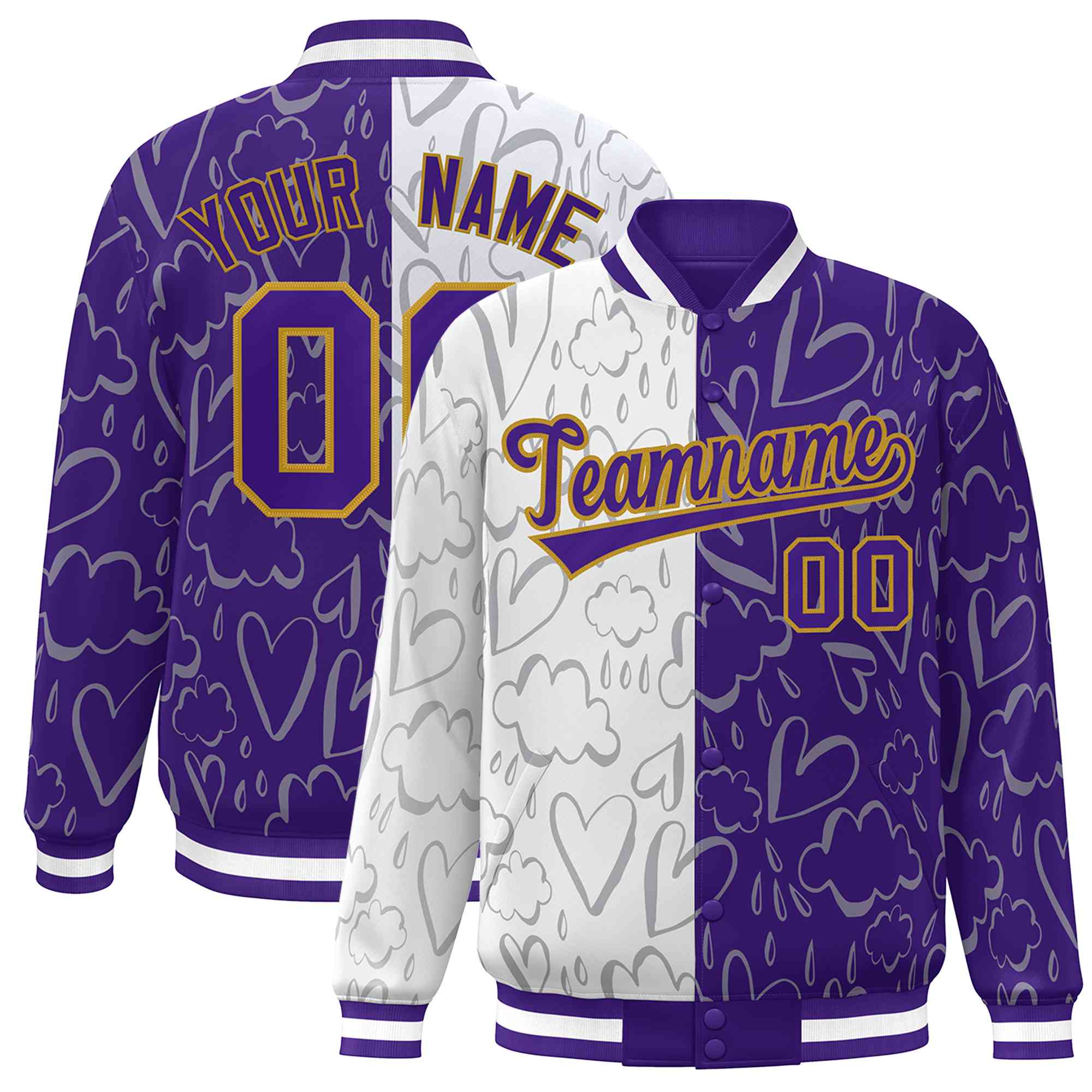 Custom Purple White Split Fashion Letterman Bomber Graffiti Pattern Baseball Jacket