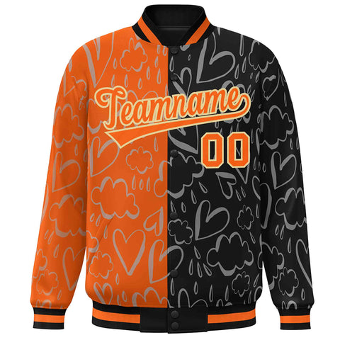 Custom Black Orange Split Fashion Letterman Bomber Graffiti Pattern Baseball Jacket