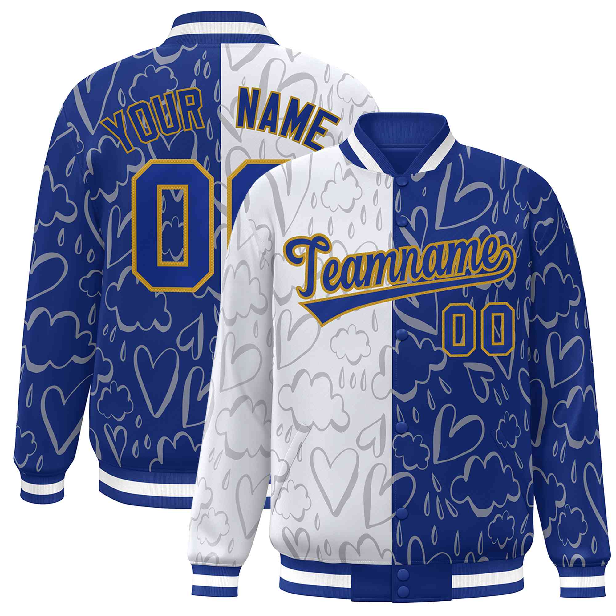 Custom Royal White Split Fashion Letterman Bomber Graffiti Pattern Baseball Jacket