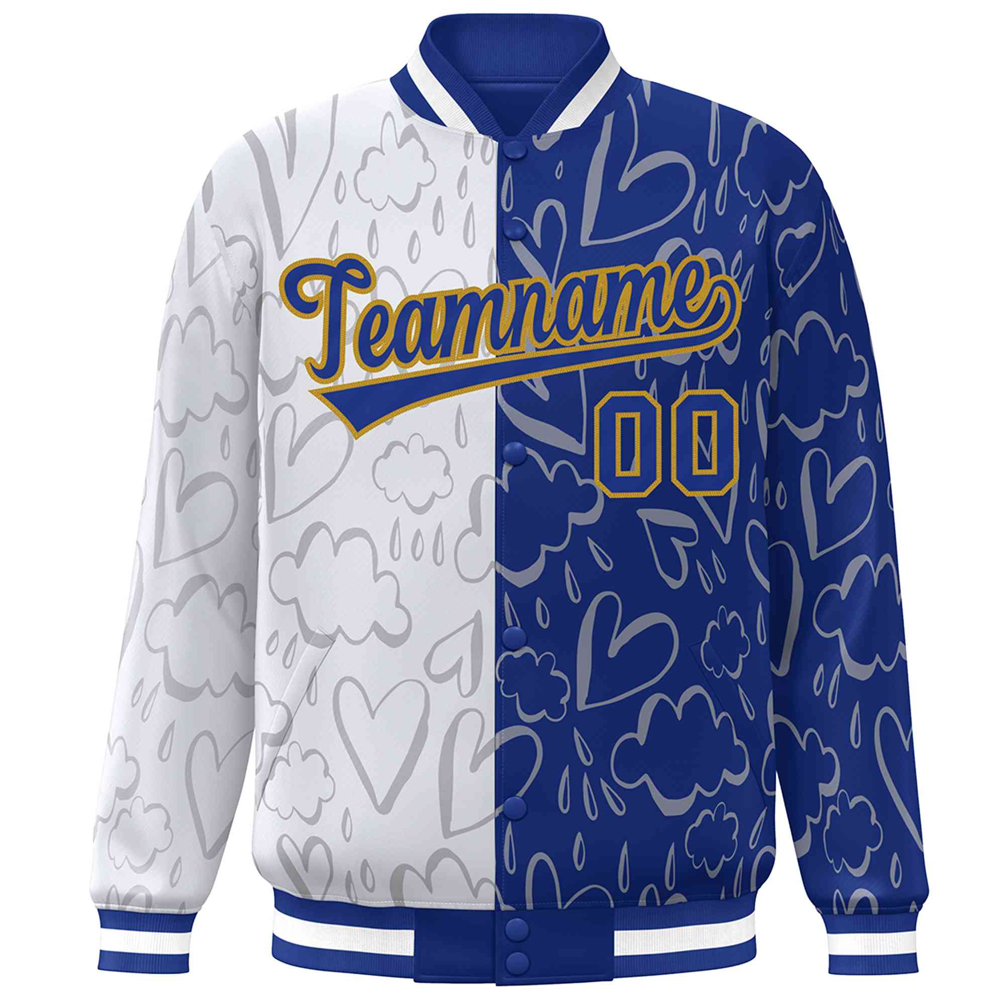 Custom Royal White Split Fashion Letterman Bomber Graffiti Pattern Baseball Jacket