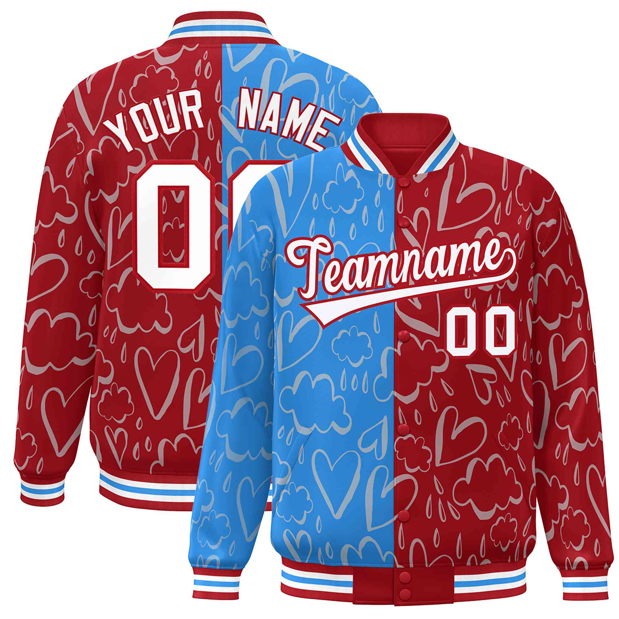 Custom Red Powder Blue-White Split Fashion Letterman Bomber Graffiti Pattern Baseball Jacket