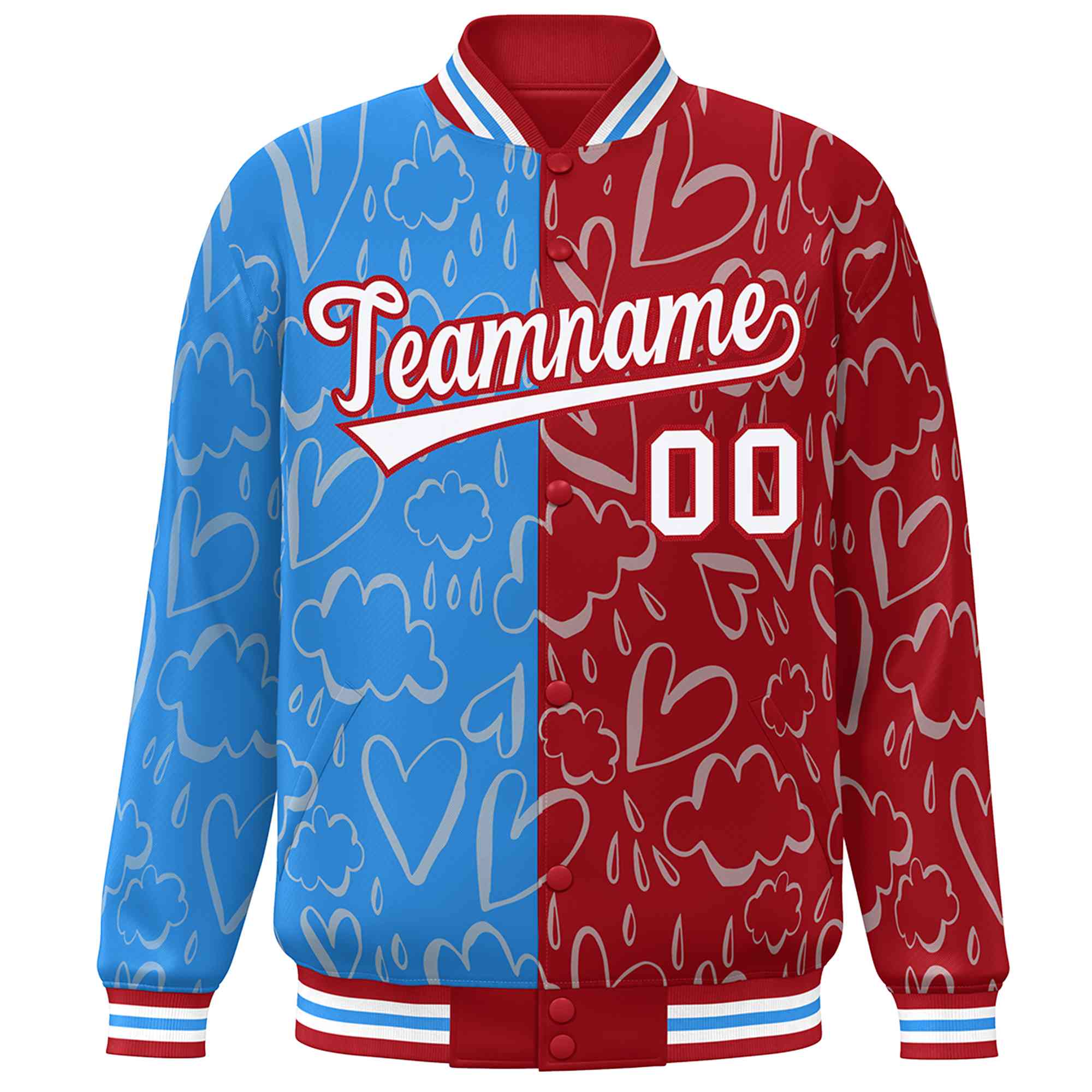 Custom Red Powder Blue-White Split Fashion Letterman Bomber Graffiti Pattern Baseball Jacket