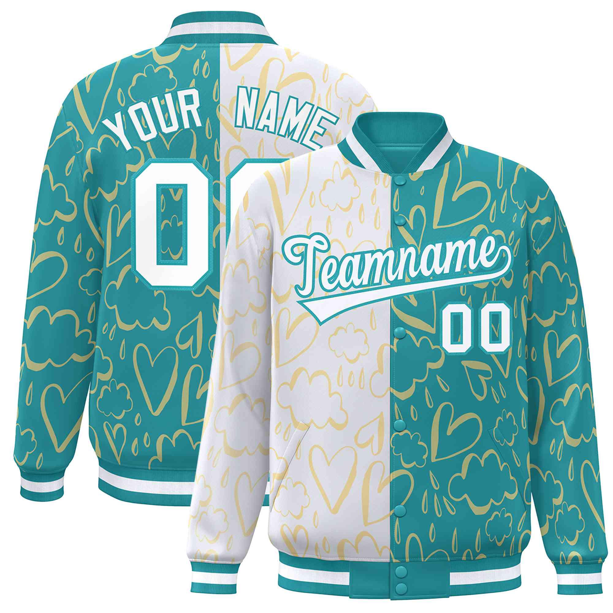 Custom Aqua White Split Fashion Letterman Bomber Graffiti Pattern Baseball Jacket