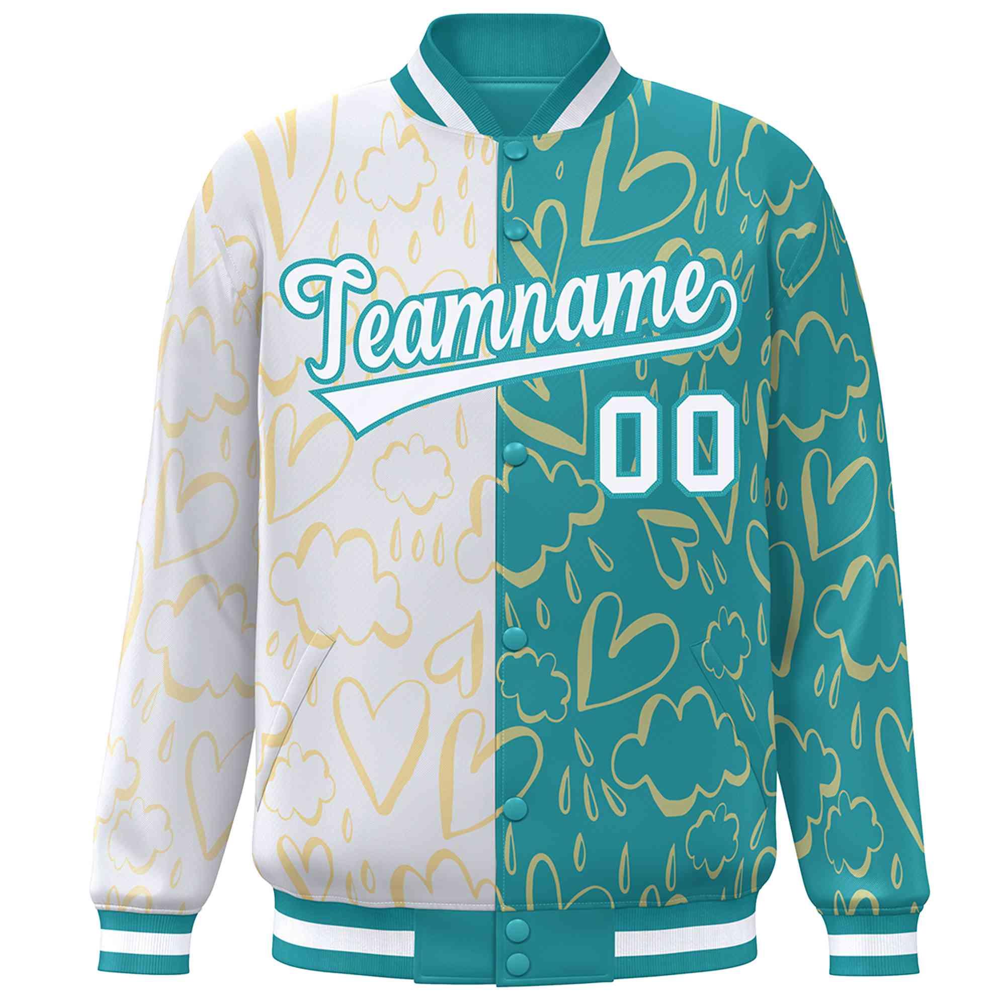 Custom Aqua White Split Fashion Letterman Bomber Graffiti Pattern Baseball Jacket