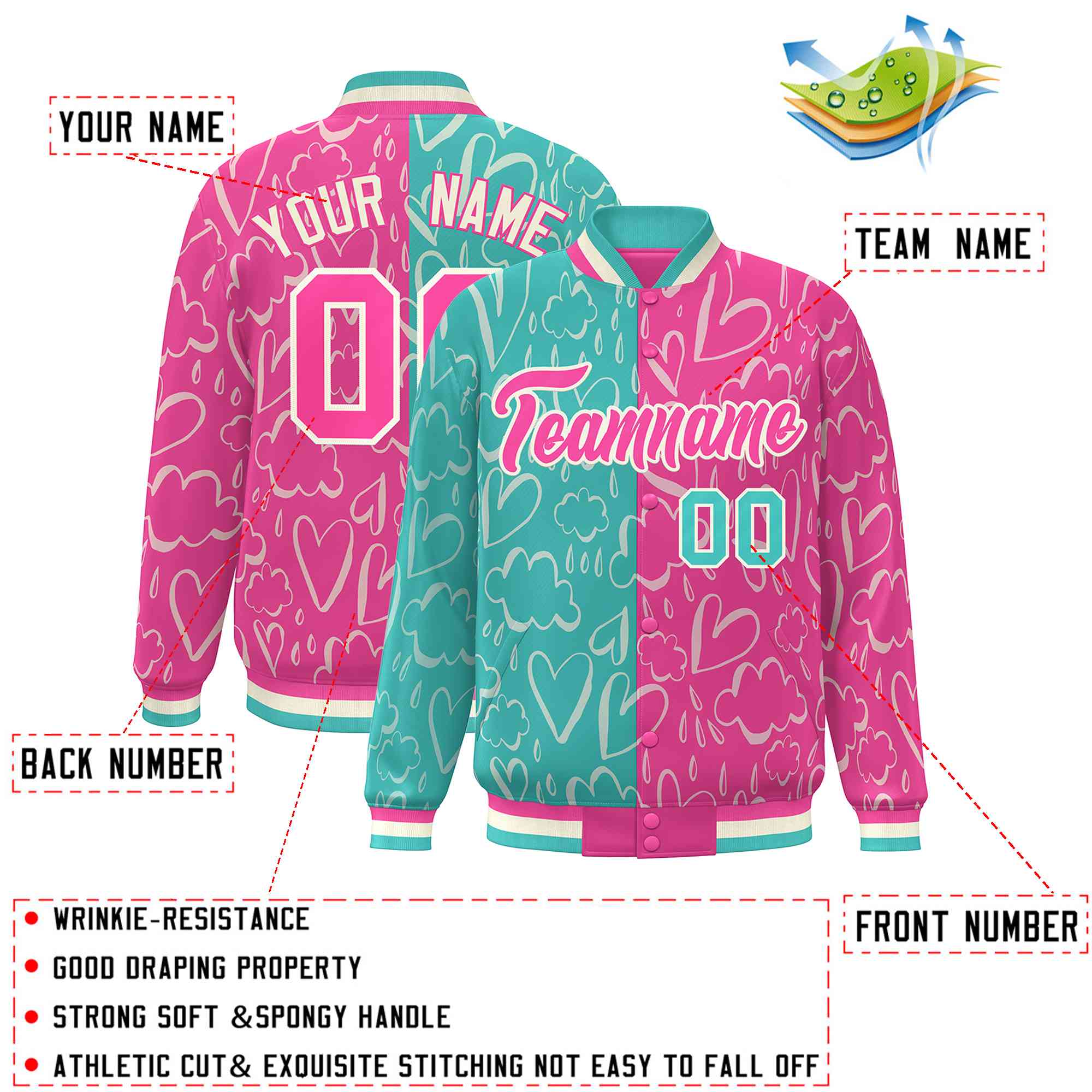 Custom Pink Aqua Split Fashion Letterman Bomber Graffiti Pattern Baseball Jacket